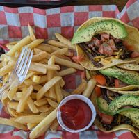 Jerk Chik'n tacos with fries at Vegan Bar in Naperville