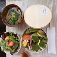 Vegetable soup - salad with smoked dressing - brown rice and vegetables  at Wasonichinichi - 和想日々 in Kyoto