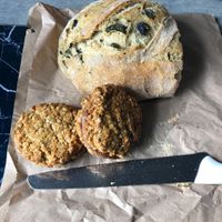 Olive spinach and oregano loaf with oatie sandwich biscuits (via off and chocolate)  at Orchard Hills Bakery in Walsall