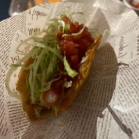 Vegan taco with soy mince and soy cheese  at Traveler's Bar シガコウゲンタコス in Yamanochi