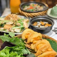 Vegan Banh Tom HoTay, Stir-Fried Kale with Mushroom and Fried Tofu, Stewed Aubergine and Tofu at Met Vietnamese Restaurant in Hanoi