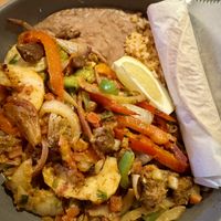 Fajitas with vegan shrimp   at Ranchos Cocina in San Diego