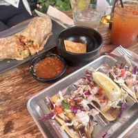 Vegan brekie burro and tempeh fish tacos   at Ranchos Cocina in San Diego