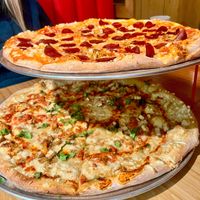 Vegan Pepperoni on top, Vegan Chicken on bottom at Sauced on Paseo in Oklahoma City