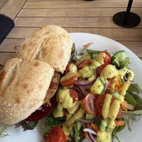 Vegan Burger with salad (this one has honey mustard: no completely vegan dressing exists)  at Barney's Cafe in Bookham