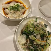 Red oil dumplings and stir fried veggies  at Saijiki - 咲璽季 in Osaka