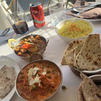 Vegan masala and aloo bangon, pilau rice and roti  at Jaipur Indian Restaurant in Marbella