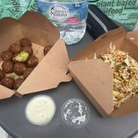 FALAFELS AND POTATO WITH DELICIOUS MAYO AND TOFU CRUMBLE!😋😍  at Rúkula Vegan Food in Malaga