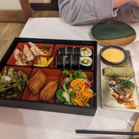 Vegetable bento box, vegetable spring rolls and salmon and avocado roll at Hondo Sushi in Bath