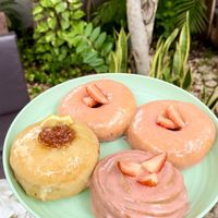 Ginger-Orange, gf strawberry cruller, two strawberry donuts 😋  at The Better Donut - temporarily closed in Tulum