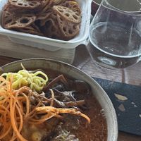 The red vegan broth, some lotus chips and edamame   at IROYUKI Ramen Bar in Kingston