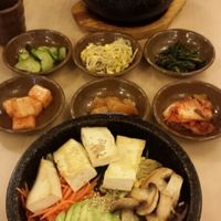 Veg appetizers & loaded eggless veg dol sot bibimbap. at Imonay Korean Restaurant in Toronto