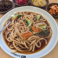 Yaki noodles and side dishes at Imonay Korean Restaurant in Toronto