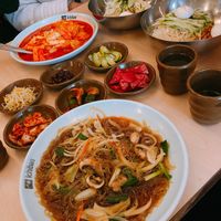 Japchae and delicious side dishes (other dishes in this picture are not vegan) at Imonay Korean Restaurant in Toronto