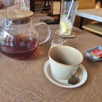 Ginger tea with oat milk (in the small jug behind the teacup) at Cafe Gallery Sun 燦 in Kyoto