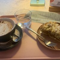 Hot chocolate with a shot of espresso (by special order) and an apple tartt  at Café "das Goldstück" in Vienna