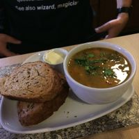 'Soup of the day' with thick, crusty bread and vegan spread. at Global Tribe Cafe in Leeds