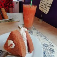 Vegan cake and juice at Global Tribe Cafe. at Global Tribe Cafe in Leeds