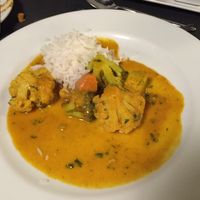 Vegetable curry with basmati rice at Essencia in Porto