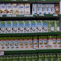 Part of the plant based milk variety at Organa Miraflores in Lima