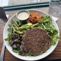 Bowl with plant-based patty  at Kitava in Oakland