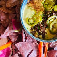Chips and Queso (homemade chips!!!) at Vegan Chula at 51 & Tel in Oakland