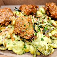 Poblano Mac and cheese with hot honey chick'n at Vegan Chula at 51 & Tel in Oakland