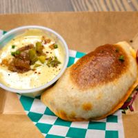 Housemade chorizo and sautéed potato empanada at Vegan Chula at 51 & Tel in Oakland