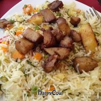 My mixture of the vegetable rice and the seitan & potatoes dishes at Buddha Soul in Venice