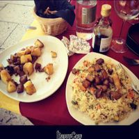 Seitan & potatoes dish and veggie rice at Buddha Soul in Venice