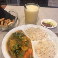 Vegetarian curry, vegan sweet lassi mango, snacks  at Buddha Soul in Venice