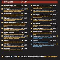 These are the vegetarian subs. Most can be made vegan by asking for soy cheese. The eggplant Parm has egg/dairy in the breading at Half Fast Subs in Fort Collins