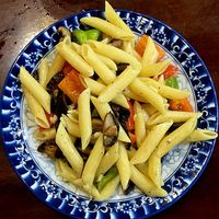 Penne pasta with mushrooms and veggies at Tree House Cafe  in Phong Nha