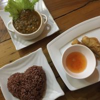 Veggie amok, rice, fried spring rolls at Cafe Soleil in Phnom Penh