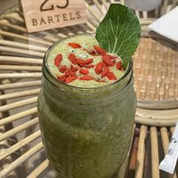 Greenie smoothie (banana, pineapple, spinach, kale, goji berries, red apple juice), 180 baht  at Bartels in Bangkok