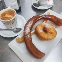 Soya coffee, churros and donut at Buñoleria Churreria El Contraste in Valencia
