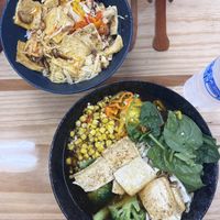 Sweet chili tofu rice bowl and tofu ramenn  at Hero's Hideout in Florence