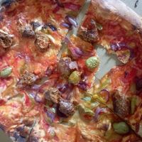 Pizza merguez (pizza dough so thin...) at Paris Vegane in Paris