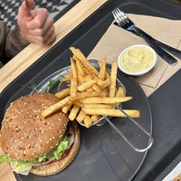 Burger and fries. Curry mayo with it   at Veg Stop in Riga