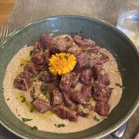 Purple gnocchi with a cashew sauce   at Manipura in Tenerife
