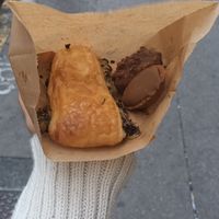 Swiss croissanton left, hazelnut biscuit behind on right, front right is chocolate biscuit at Oh Faon - La Biscuiterie in Marseille