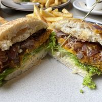 Vegan Sandwich (pumpkin patty w vegs and fries)  at Columbus Coffee in Greymouth