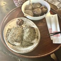 Miso-oden and chikara mochi (kurogama )  at Amazake Chaya  in Hakone