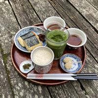 Amazake, matcha and isobe mochi   at Amazake Chaya  in Hakone