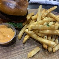 Their vegan burger.  We got the regular vegan bun…can come with a plantain bun as well. Spicy vegan mayo was yummy!!  at Boukan in Toronto