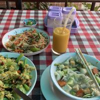 Noddle soup, fried rice curry, papaya salad, mango shake (if I’m remembering them correctly)  at On's Thai Isaan in Kanchanaburi