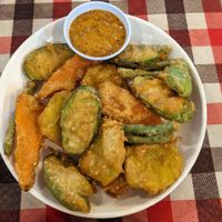 Vegetable Tempura with Peanut Sauce (80 Baht) at On's Thai Isaan in Kanchanaburi