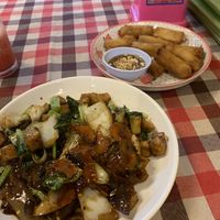 Pad see ew and spring rolls  at On's Thai Isaan in Kanchanaburi