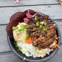 Rice bowl with veggie patty   at Bonsai Brewing Project in Whitefish