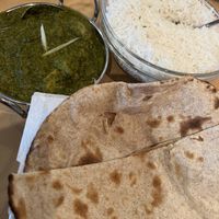 Chefs choice Vegan Potatoes simmered in spinach and green chilli. Wholemeal Roti.  at Simply Indian in Motueka
